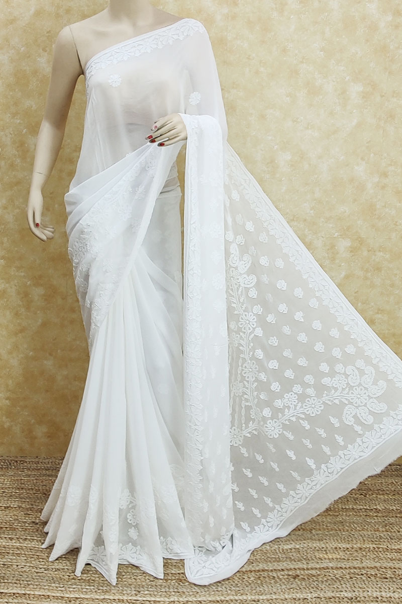 White Color Hand Embroidered Lucknowi Chikankari Saree (With Blouse - Viscose Georgette) MC251975
